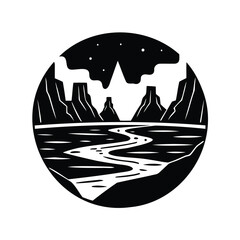 Stylized Black and White Landscape with Winding River and Starry Sky