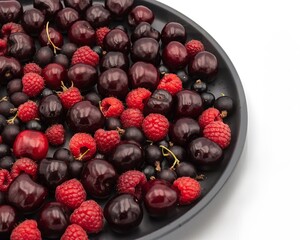 Cherry, raspberry and currant composition on a black plate on a white background - close-up of a berry composition