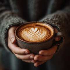 hands holding a cup of coffee with latte art 