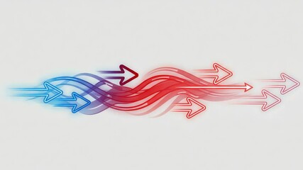 Dynamic airflow concept with neon wind arrows and temperature contrast. Red blue wave flow indicates heat or cool breeze.