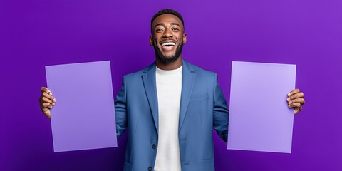  Smiling man with a purple background holding two empty purple banners