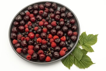 Cherry, raspberry and currant composition on a black plate on a white background - close-up of a berry composition