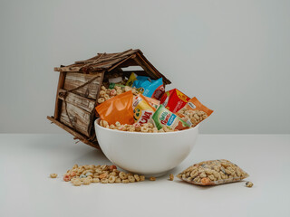 Snacks spilling from the Bowl: A whimsical arrangement features a tipped miniature house spilling assorted snack packets into a pristine white bowl.
