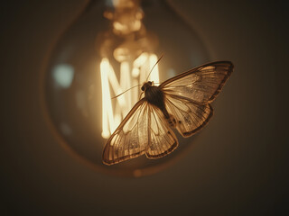 Moth and Light: A moth drawn to the soft light of a lightbulb, showcasing the delicate balance between nature and man-made light.