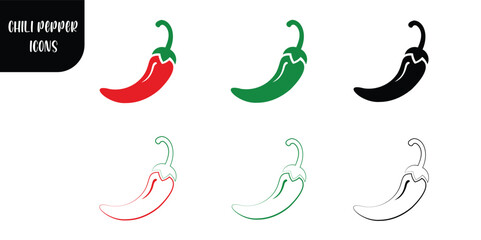 "Chili Pepper Icons Set. Spicy Vegetable Illustration in Flat and Line Style Transparent Vector Clipart."