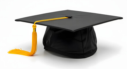 Graduation Cap with Yellow Tassel on White Background