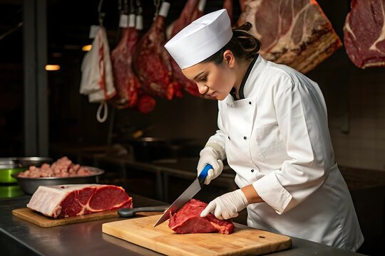 Professional Female Butcher Cutting Meat in a Traditional Shop