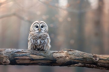 A beautiful barred owl perched on a log in a serene forest setting, softly illuminated by morning light.