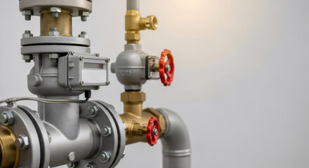 Industrial gas pipe installation with red valve. Pipeline system for energy distribution. Engineering and maintenance concept.