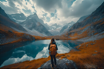 Young woman hiker with backpack on a rock in autumn. Girl and breathtaking view of a mountain alpine lake reflecting the surrounding peaks, orange grass and cloudy dramatic sky. Switzerland in fall
