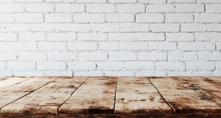 Rustic wooden table with white brick wall background for flexible product display in a neutral boho aesthetic
