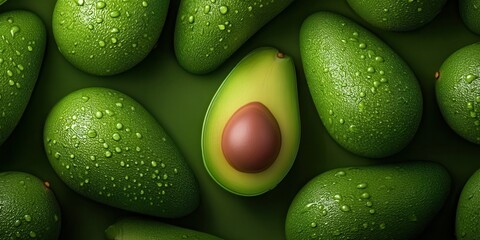 Ultra realistic top view of organized avocados with water drops showcasing their vibrant green color and rich texture in high resolution