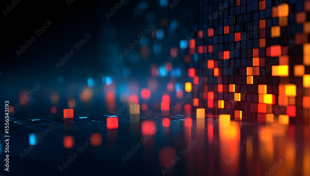 Poster abstract digital background with glowing pixelated squares and data points in a color scheme of dark