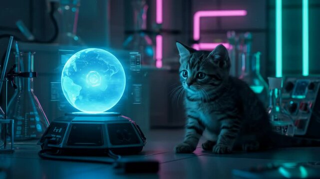 Curious Kitten and Holographic Globe in Futuristic Lab - A playful kitten investigates a futuristic holographic globe displaying a digital map of the Earth, situated within a neon-lit laboratory