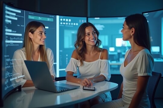 Stunning individuals engage in a multi-screen holographic online video conference.