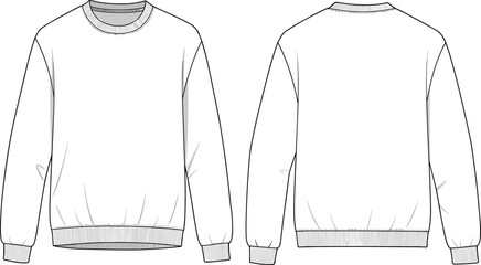 Basic crewneck sweatshirt front and back, cad drawing flat vector illustration, fashion garment sketch, ribbed cuff and hem, template layout