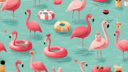 Obraz premium Swim with whimsical flamingo floaties at the poolside playful print designs