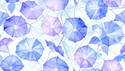 水彩の朝顔が彩る和風パターン背景（藍と紫の伝統色）– Japanese Pattern with Watercolor Morning Glories in Indigo and Purple Tones