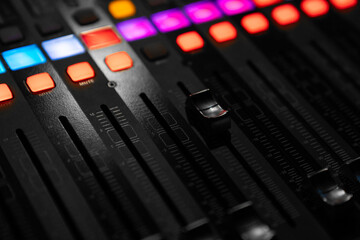  
Mixer control. Music engineer. Backstage controls on an audio mixer, Sound mixer. Professional...