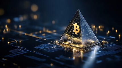 Golden Bitcoin Symbol Embedded in Glass Pyramid on Complex Digital Circuit Board Represents Cryptocurrency Technology