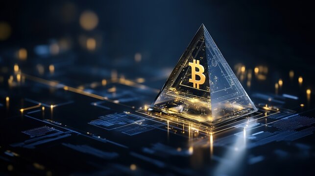 Golden Bitcoin Symbol Embedded in Glass Pyramid on Complex Digital Circuit Board Represents Cryptocurrency Technology - Powered by Adobe