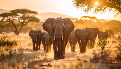 Obraz premium A Herd Of Elephants Walking Across A Dry Grass Field At Sunset With The Sun In The Ba