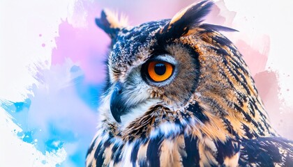Abstract Animal Owl Portrait With Colorful Double Exposure Paint With Generative Ai.