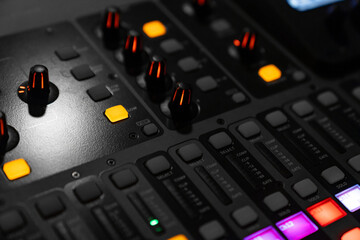  
Mixer control. Music engineer. Backstage controls on an audio mixer, Sound mixer. Professional...