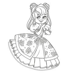 Cute princess in a fancy dress with roses looks at the viewer with affection outlined for coloring book on white background