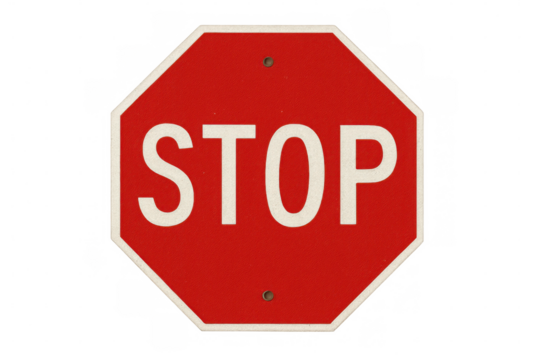 Red octagonal stop sign with white letters on a transparent background, symbolizing traffic regulations and road safety