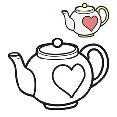 Teapot with round sides and a heart on the side outlined picture for coloring book on white background