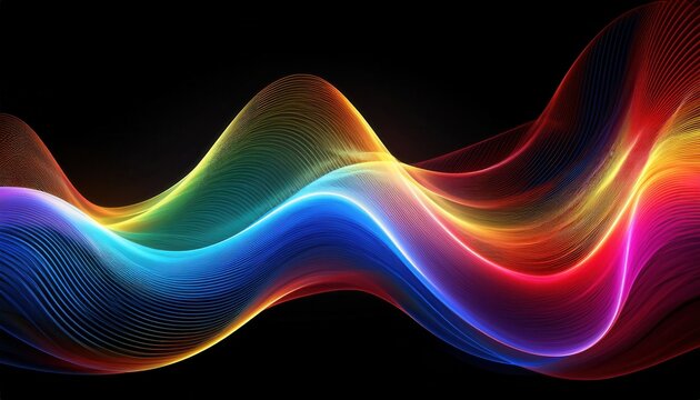 vibrant flowing light waves on black background with neon rainbow gradient and fine lines, ideal for tech branding or digital web design