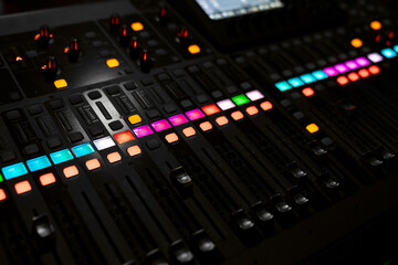  
Mixer control. Music engineer. Backstage controls on an audio mixer, Sound mixer. Professional...