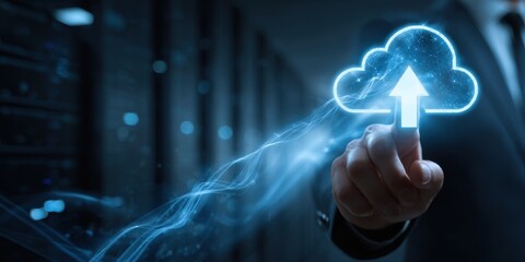 A cloud upload icon glows as a man touches it, against a server room backdrop