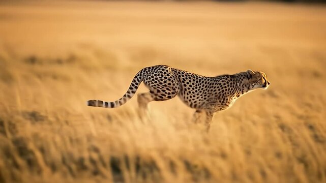 African Wildlife Cheetah Running Fast Across Savanna Grassland