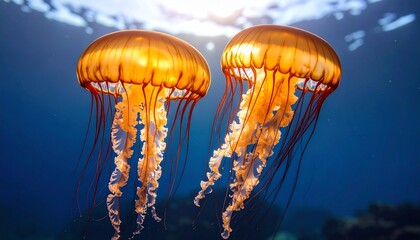 Two Golden Jellyfish In Deep Ocean
