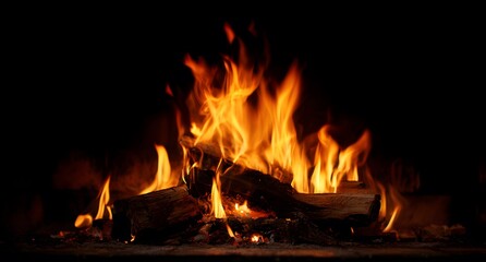 
Close-up of a fire in a fireplace, against a black background. The focus is on the flames and embers, in a dark room with low lighting