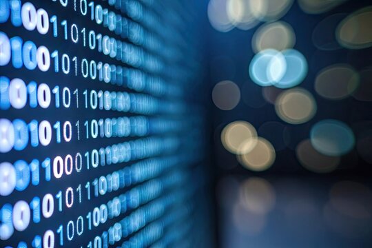 Abstract digital data stream of glowing blue binary code with bokeh lights background