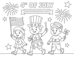 4th of July parade coloring page with kids celebrating Independence Day with American flag, drum, and pinwheel. Fun vector line art for holiday learning activities.