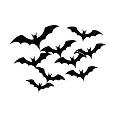 A dark and mysterious graphic design featuring a menacing swarm of flying bats silhouetted against a dramatic possibly colored background for halloween or spooky themes