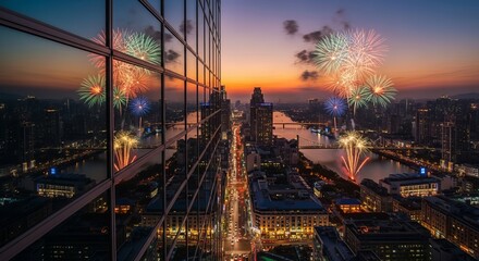 Fototapeta premium Sunset Cityscape with Fireworks Reflected in Glass Skyscraper.