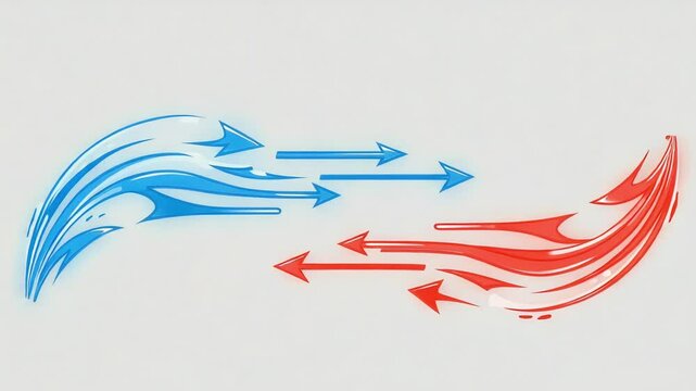 Dynamic airflow concept with neon wind arrows and temperature contrast. Red blue wave flow indicates heat or cool breeze.