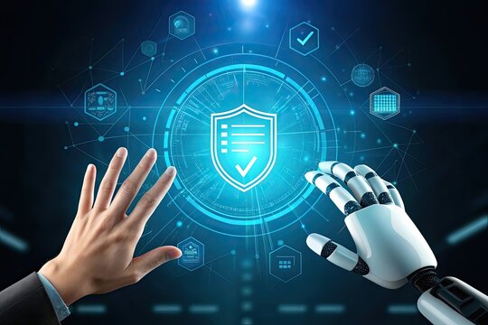 Human and robot hands interacting with futuristic digital security interface
