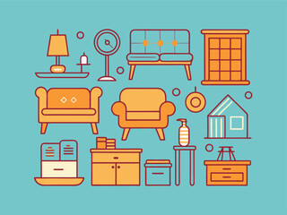 FURNITURE - thin line vector icon set. Pixel perfect. The set contains the following icons: Furniture, Dining Table, Armchair, Bed, Sofa, Mirror, Desk, Office Chair, and Crib.
