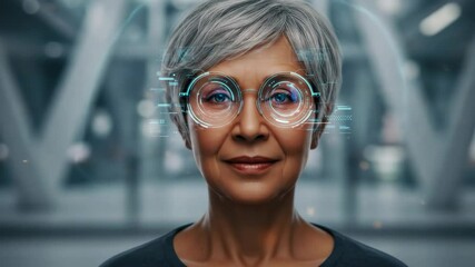 Senior Woman with Futuristic Glasses and Digital Overlay - A close-up shot of a smiling senior woman with short gray hair wearing glasses with a futuristic, glowing blue digital interface overlay. - Powered by Adobe