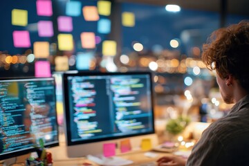 person from behind debugging code on dual monitors