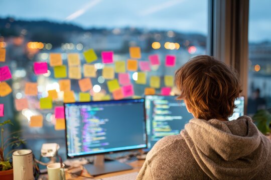 person from behind debugging code on dual monitors