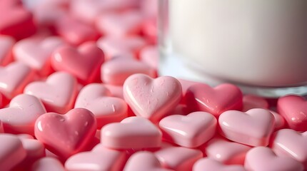 A tight close-up shot of pink heart candies and milk for a Valentine's Day picnic, artistically lit with detailed focus, revealing abstract patterns 