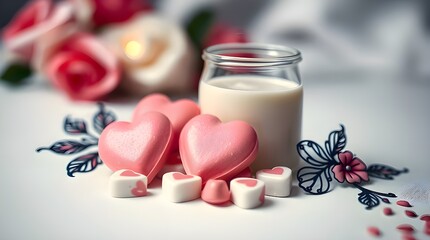 Symbolic traditional tattoo art print of Pink Heart Candies and Milk for a Valentine's Day picnic, featuring a blurred bokeh effect, sharp subject focus, vibrant colors, and a retro flair with complex
