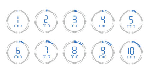 Timer, 1, 2, 3, 4, 5, 6, 7, 8, 9, 10 min. Stopwatch isolated set icons. Countdown timer symbol icon set. vector illustration.